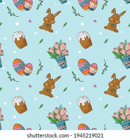 pattern on the Easter theme. Seamless pattern of cute Easter theme symbols on blue background