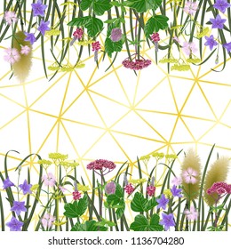 Pattern on geometric background with seven herbs of autumn equinox. Japanese backdrop, composition for Shubun no hi greeting, birthday cards, wedding inviration, covers and posters with text place.