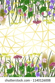 Pattern on geometric background with seven herbs of autumn equinox. Japanese A4 backdrop, composition for Shubun no hi greeting, birthday cards, wedding inviration, covers and posters with text place.