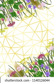 Pattern on geometric background with seven herbs of autumn equinox. Japanese A4 backdrop, composition for Shubun no hi greeting, birthday cards, wedding inviration, covers and posters with text place.