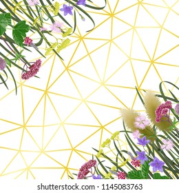 Pattern on geometric background with seven herbs of autumn equinox. Japanese backdrop, composition for Shubun no hi greeting, birthday cards, wedding inviration, covers and posters with text place.