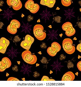 Pattern on the gift box for Halloween. Seamless black background with pumpkins, cobwebs and owls