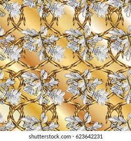 Pattern on gradient beige background with golden elements. Patina. Tree with gold trim. Small depth of field. Furniture in classic style. Ornamental element woodcarving. Carving. Luxury furniture.