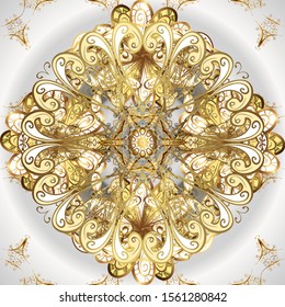 Pattern on gray and neutral colors with golden elements. Vector golden mehndi pattern. Ornamental floral elements with henna tattoo, golden stickers, mehndi and yoga design, cards and prints.