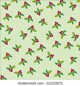 Pattern on a green background, composed of red berries and leaves