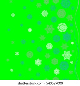 Pattern on green background. Design. Vector seamless background for Christmas with decorative snowflakes.