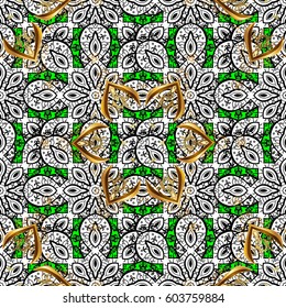 Pattern on green background with golden elements. Vector. Golden texture curls. Brilliant lace, stylized flowers, paisley. Openwork delicate golden pattern. Oriental style arabesques.