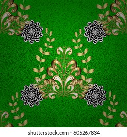 Pattern on green background with golden elements. Traditional orient ornament. Classic vector golden pattern. Classic vintage background.