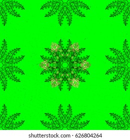 Pattern on green background with golden elements. Vector golden mehndi pattern. Ornamental floral elements with henna tattoo, golden stickers, mehndi and yoga design, cards and prints.