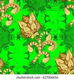 Pattern on green background with golden elements. Traditional orient ornament. Classic vector golden pattern. Classic vintage background.