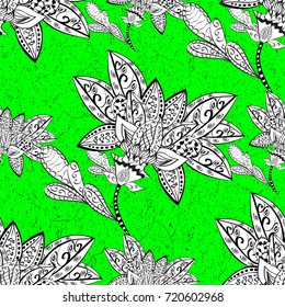 Pattern on green background with golden elements. Brilliant lace, stylized flowers, paisley. Oriental style arabesques. Openwork delicate golden pattern. Golden texture curls. Vector.