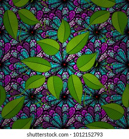 Pattern on a green, black and blue colors. Hand drawn seamless vector pattern with doodle leaves. Ink hand sketched shapes.