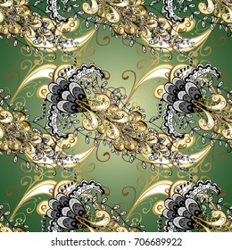 Pattern on green gradient background with gold elements. Vector golden mehndi seamless pattern. Ornamental floral elements with henna tattoo, golden stickers, mehndi and yoga design, cards and prints.