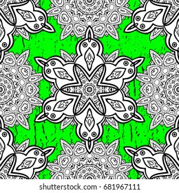Pattern on green and white background with white elements. Damask classic pattern. Vector abstract background with repeating elements.