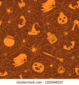 Pattern on a Halloween holiday. Seamless vector texture with many scary things and creatures! 