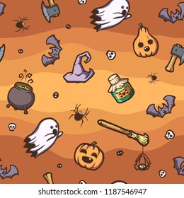 Pattern on a Halloween holiday. Seamless vector texture with many scary things and creatures! 