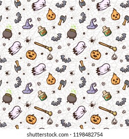 Pattern on a Halloween holiday. Seamless vector texture with many scary things and creatures! 