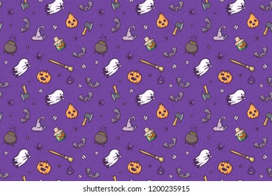 Pattern on a Halloween holiday. Seamless vector texture with many scary things and creatures! 