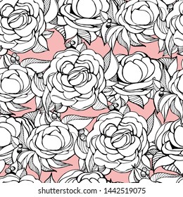 Pattern on an isolated background of flowers, peonies, roses. Hand draws field, garden plants with ink. botanical illustration vintage. Sprig with leaves, buds, flowers. Wallpaper design, textiles.