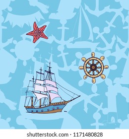 Pattern on a marine theme, blue pattern on a white background with colored elements of a ship, starfish and helm. Can be used for textiles, wallpapers, postcards and various works on the theme of sea