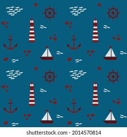 Pattern on the marine theme. With an illustration of a lighthouse, boat, fisherman, anchor and steering wheel.