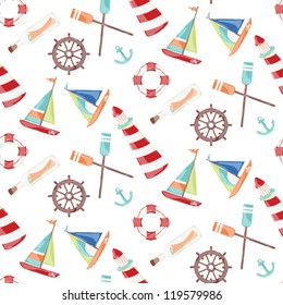 Pattern on the marine theme with a lighthouse, ships, sailboats, anchor, oars, wheel and bottle with a message