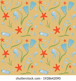 the pattern on the marine theme and a theme of relaxation and recreation at the beach with elements of diving, sea stars and jellyfish