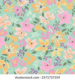 pattern on a menthol background with a  wild  flowers of different sizes artwork for tattoo, fabrics, souvenirs, packaging, greeting cards and scrapbooking