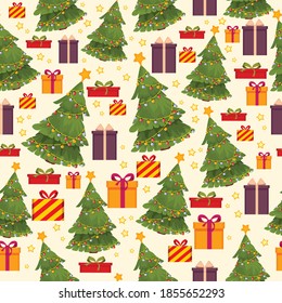 Pattern on the New Year theme. Christmas, new year. For printing paper. For a gift, banner, advertisement. With a picture of a Christmas tree and gifts.