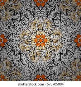 Pattern on orange and white background with white elements. Oriental ornament in the style of baroque. Vector oriental ornament. Traditional classic white pattern.