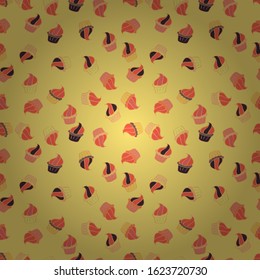 Pattern on orange, yellow and brown. Seamless of Variety Muffins, Poppy seed, Chocolate Chip, Pumpkin Cream, Chocolate and Delicious Breakfast or Dessert Muffins. Vector illustration.