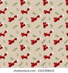 Pattern on a pastel background with cute foxes and greenery. Vector.