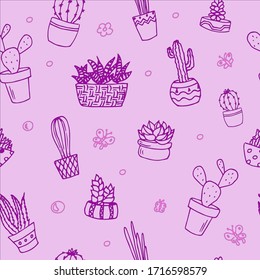 pattern on a pink background with cacti and succulents in pots