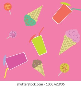 
Patrón en un fondo rosa que representa tazas de cóctel y helados y dulces. Diseño para decorar textiles, embalajes y toallas de cocina.