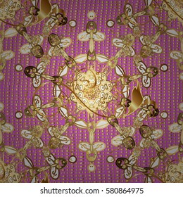 Pattern on pink background with golden elements. Golden pattern. Vector oriental ornament.
