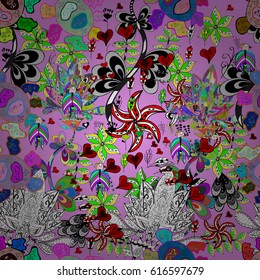 Pattern on pink background. Vector colorful mehndi seamless pattern. Ornamental floral elements with henna tattoo, colorfulen stickers, mehndi and yoga design, cards and prints.