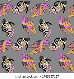 Pattern on a purple background of sneakers and ice cream, repeating pattern for printing on fabric, Wallpaper, paper. Vector image.