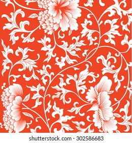 Pattern on red background with Chinese flowers. Vector illustration