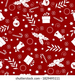 Pattern on a red background, Christmas and New Year. Vector illustration. For packaging, decoration, fabric and scrapbooking. 