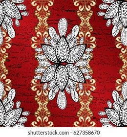 Pattern on red background with golden elements. Vector golden mehndi pattern. Ornamental floral elements with henna tattoo, golden stickers, mehndi and yoga design, cards and prints.