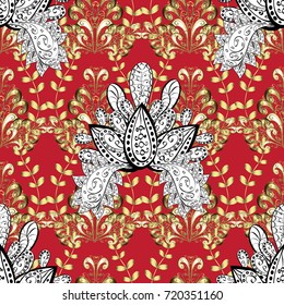 Pattern on red background with golden elements. Vector golden mehndi seamless pattern. Ornamental floral elements with henna tattoo, golden stickers, mehndi and yoga design, cards and prints.