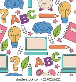 Pattern on the school theme: notebook, alarm clock, pencil, brain, light bulb, paper clip, letters, question mark, leaf, stars.