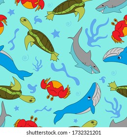 a pattern on the sea theme Funny sea creatures a Turtle a shark a whale and a crab a Cheerful mood a Smile on the face a Сartoon style with sea stars and carals For children's clothing booksVector