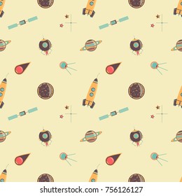 pattern on a space theme. It can be used for packaging, invitations, postcard holiday, fabrics and textiles, etc.