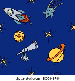 a pattern on the space theme. space, stars, rocket, comet, Saturn, planet, moon.