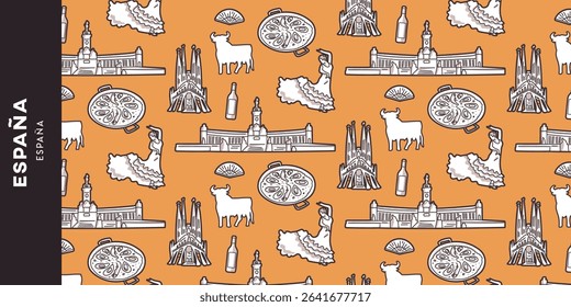 Pattern on Spain with symbols: Barcelona, ​​Madrid, Valencia, Seville, Bilbao, paella, bull, wine, bottle, cathedral, flamenco, dancer, bullfight...