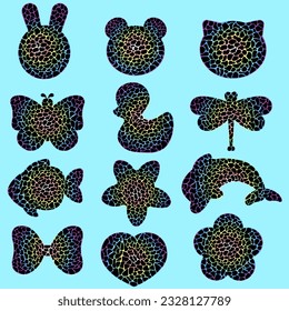 The pattern on the stone floor is composed of cute animal structures. And a total of 12 beautiful shapes, black, rainbow border On a blue background. Illustration. Graphic design drawing.