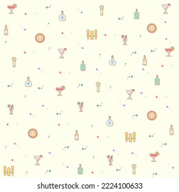 pattern on the theme bar, alcohol, pub, drink, cocktail, bar glass, bottle, beer, beverage, liquor and more. simple color icons on beige background.