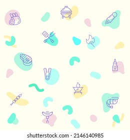 pattern on the theme barbecue, Grill, basil, BBQ, picnic, camping, meat, steak, food, sausages, beef and more. simple color icons on beige background.