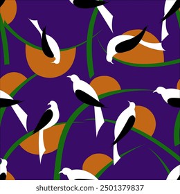 Pattern on the theme of a bird in nature. Colored graphic image on a purple background. Drawn in the program Adobe Illustrator. The image is intended for printing.